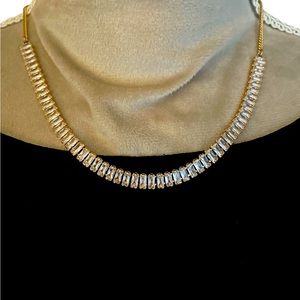 NWT Beautiful Baguette Crystal Necklace With Gold Toned Chain